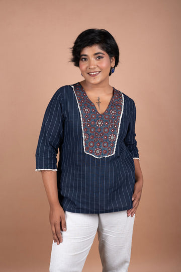 Handloom Stripe Top with Ajrakh Yoke | Ethnic Chic | Cotton Casual Kurti Top
